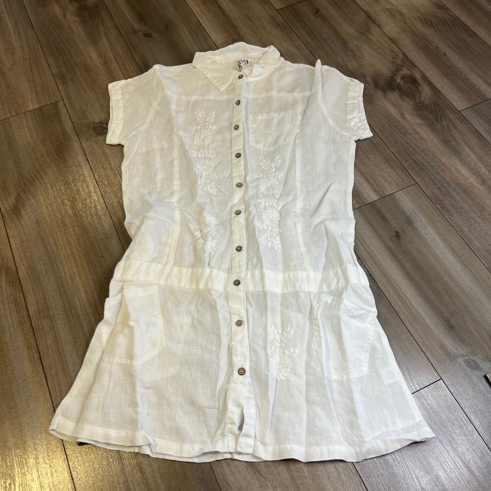 Sister Mary White Embroidered Linen Shirt Dress Womens Size‎ S Summer Bin B-13